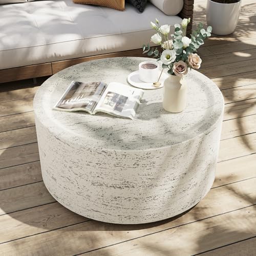 UPHA 28' Round Outdoor Coffee Table, Modern Hollow Concrete Patio Table, Small Minimalist Low Accent Table for Living Room, Balcony, Deck, Backyard, Off-White