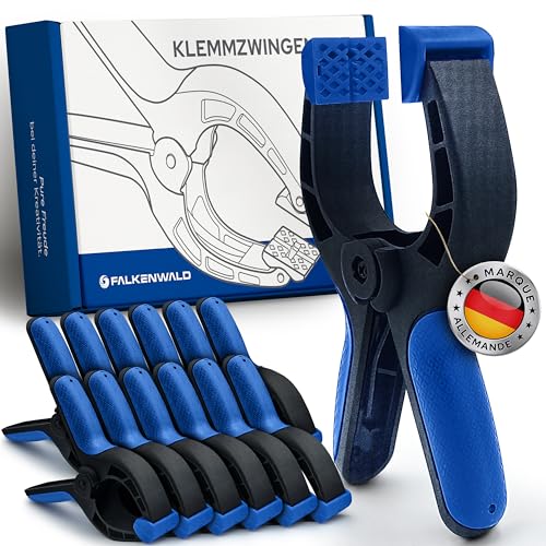 Falkenwald® Jeu de 12 Pinces à ressort - Serre-joints avec large plage de - Force de serrage élevée de la pince de serrage à ressort - Clips pour collage à...