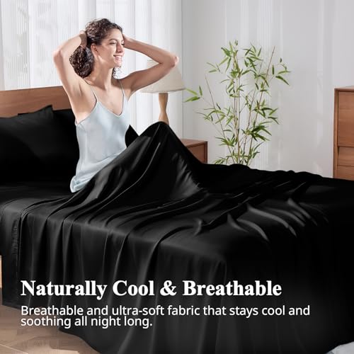 Image of Full Size Sheet Set, Viscose Bamboo Sheets 4pcs, 100% Viscose Derived from Bamboo, Hotel Luxury Silky & Cooling for Hot Sleepers, Deep Pocket up to 17 inch, Black