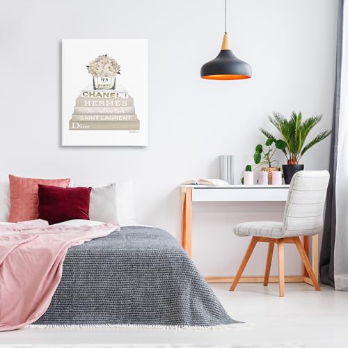 Image of The Stupell Home Decor Collection High Fashion Bookstack with Tan Flowers Stretched Canvas Wall Art, 30 x 40, Multi-Color | Stupell Industries . By Amanda Greenwood . Ready to hang . Elegant statement for home decor . Made in USA