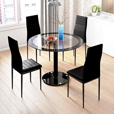 JEFFORDOUTLET Black Dining Table and Chairs Set of 4, Round Tempered Glass Table with High Back PU Leather Chairs Cover