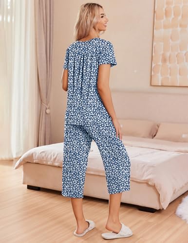 Image of Ekouaer Women's Pajama Sets Short Sleeve Sleepwear Button Up Pj Loungewear Top and Capri Pants with Pockets