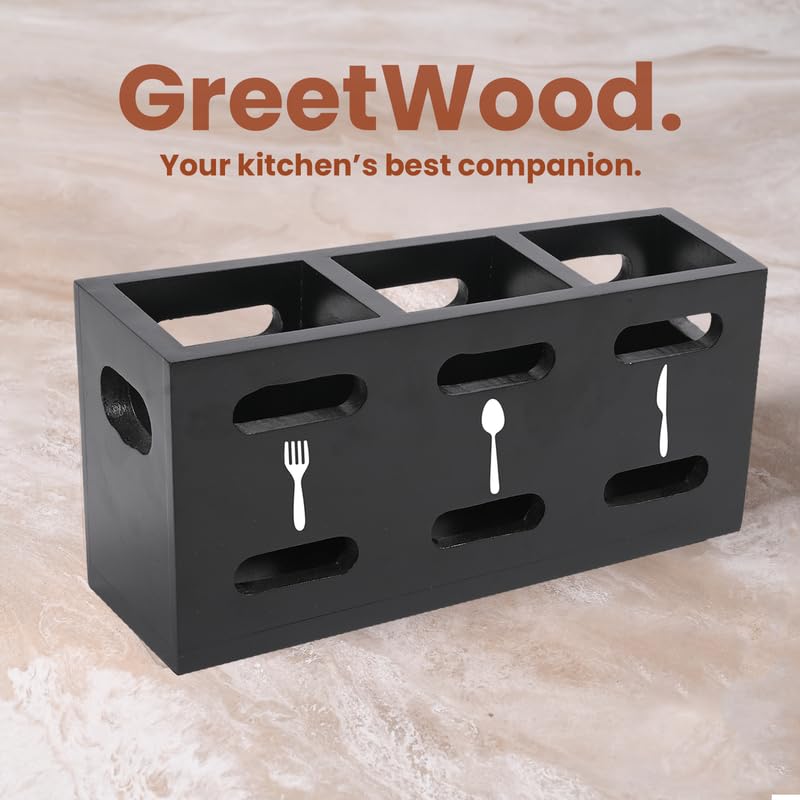 Image of Wooden Cutlery Holder for Kitchen - Cutlery and Tissue Holder for Dining Table | Spoon and Fork Organizer with Ventilated Design | Perfect for Gifting - Black