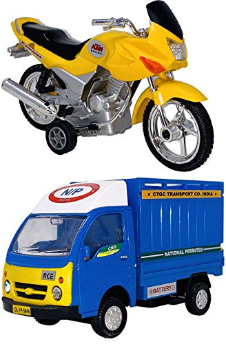 Toyify Pack of two Small Dimension Fabricated from Plastic Indian Look Like Duplicate Car Toy Ace Cargo Transport Mini Truck + Indian Mannequin Motor Bike |Made in India Toy | Additionally USE AS SHOWPIECE [2 Combo Offer]