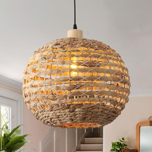 Schindora Boho Pendant Lights Kitchen Island Seagrass Weaving Lamp Shade Fixture for Dining Room 40Cm Hand-Woven Light Shade Weaving Hanging Ceiling Light for Restaurant Living Room Bedroom