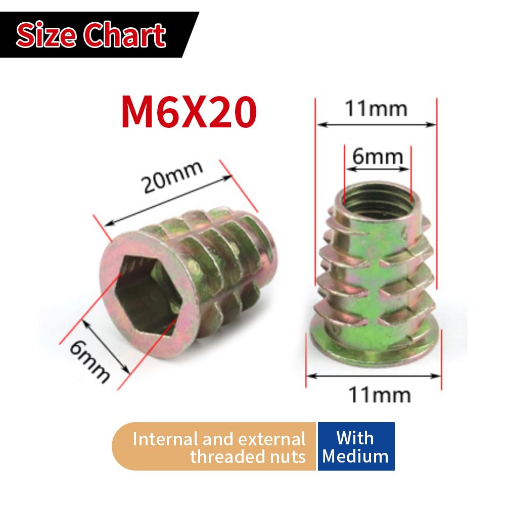 Screw-in nut threaded insert wood, 50PCS M6 * 20mm zinc alloy hexagon socket nuts screw-in sleeves - Image 2