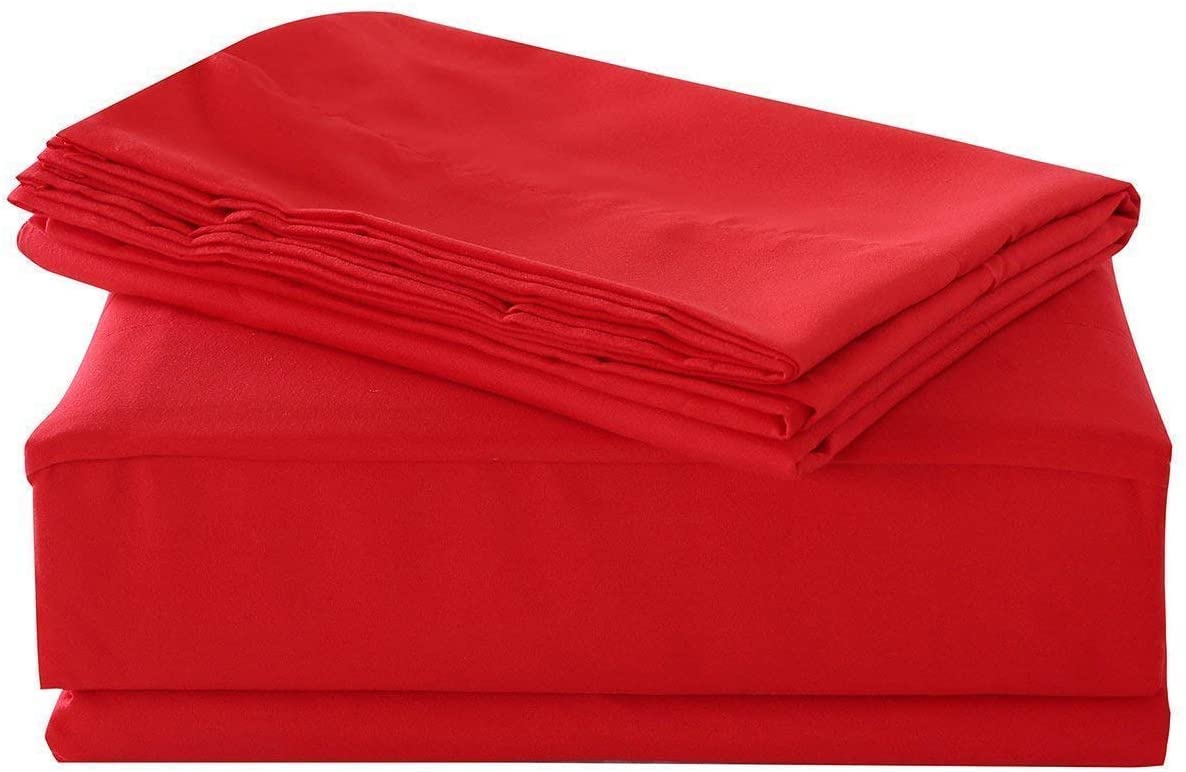 LUXURIOUS BEDDING 1000-Thread-Count 100% Egyptian Cotton Bed Sheets, 4-PC Upto 23'' Inch Deep Pocket (1 Fitted + 1 Flat + 2 pillowcase) Flat Sheet UK King Size(104X108in.) Red Solid