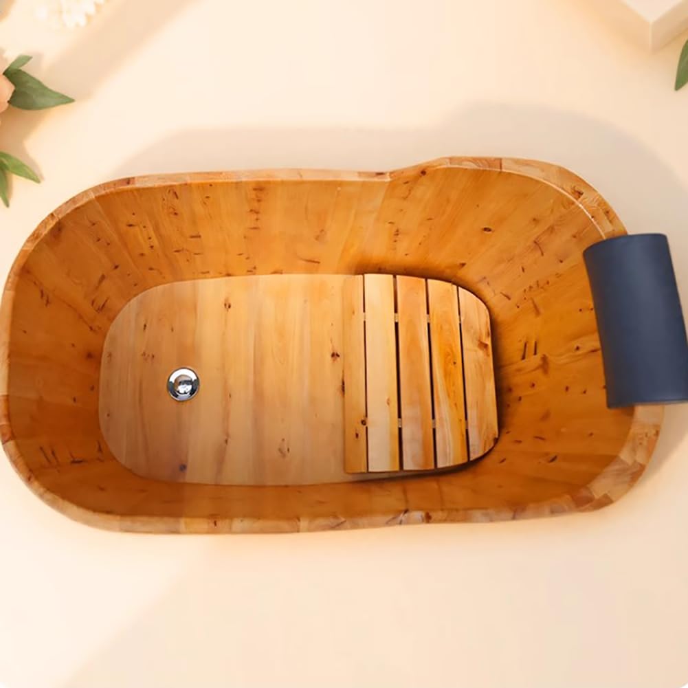 Bañera Pequeña De Madera Independiente, Hecha A Mano, Japonesa, Profunda, Con Asiento De Madera, Almohadas Y Desagüe. Bañera De Madera Maciza Estilo Spa,1m/3.3ft