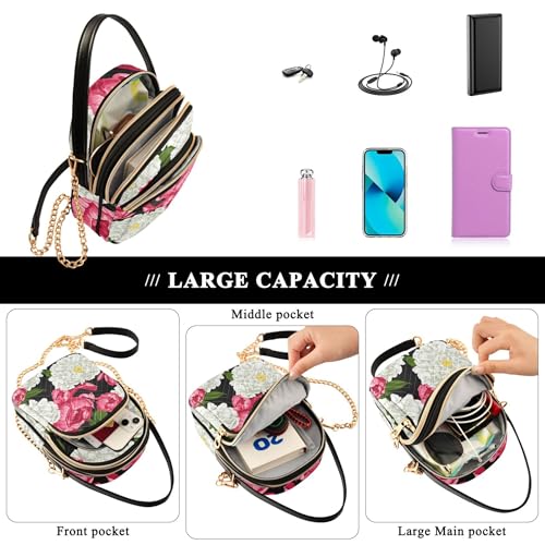 Pink White Peonies Floral Shoulder Handbags for Women Phone Handbag Small Chain Purse Floral Print Zipper Designer Bowler Tote, 5.9" × 8.3" × 3.1" 6