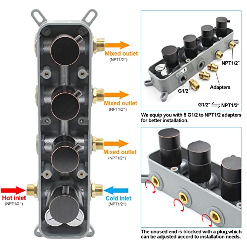 Modern Thermostatic 4 Handles Shower Diverter Valve, Concealed Brass 3 Outlets Mixer Mixing Shower Valve Rough-In Faucet Valve Kit Can Control Flow, Oil-Rubbed Bronze Finish #TOP6