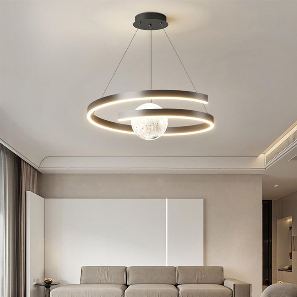 Mengjay LED Lampadari Sospensione Moderno,Lampadario LED a Spirale Con sfera lunare 3D,3 Temperature di Colore,Lampadario Camera da Letto Regolabile in Altezza Appendere le Luci (Nero)