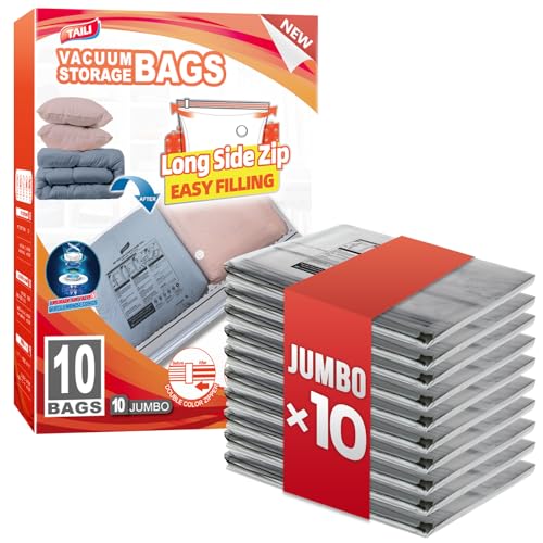 Image of TAILI 10 Pack Vacuum Storage Bags, Jumbo LONG SIDE ZIP(39x28 inch), Clear | Vacuum Seal Bags for Clothing, Space Saver for Beddings, Comforters, Blankets, Pillows