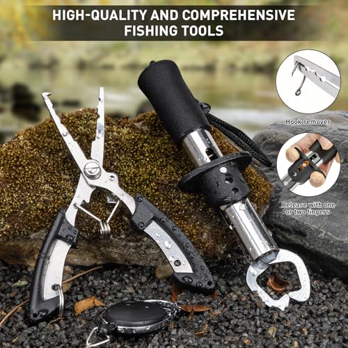 THKFISH Mochila de Pesca con Soporte para Caña, Kit de Herramientas de Pesca, Bolsa Resistente al Agua con Kit de Señuelos, Caja de Pesca y Juego de Alicates para Hombre y Mujer (Negro-87 Piezas) miniatura 4