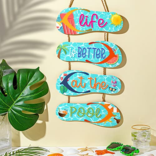 Panelee Wooden Beach Wall Hanging Decor Sign Beach Decorations for Bathroom Flip Flop Wall Decorations Summer Ocean Sign for Home Spring Summer Tropical Coastal(Pool)
