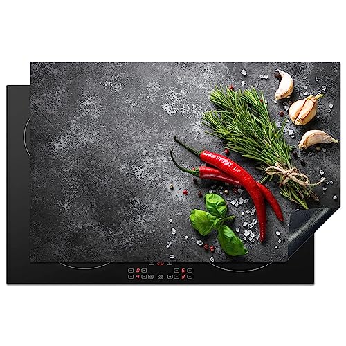KitchenYeah Herdabdeckplatte Einteilig Küche Ceranfeld Abdeckplatte Cerankochfeld Abdeckung Induktionskochfeld Schutzmatte Pfeffer - Kräuter - Gewürze - Beton - 80x52 cm