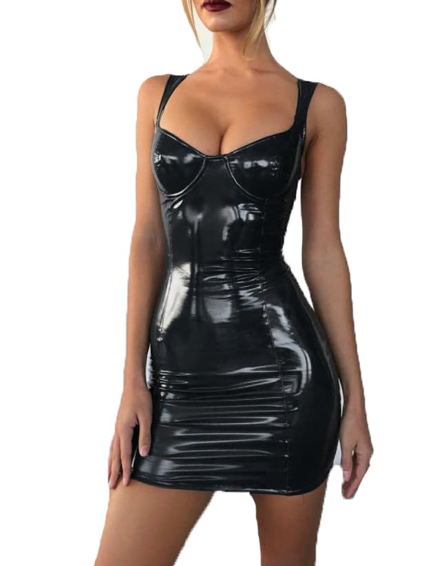 KELYWELL Womens Spaghetti Strap Latex Mini Dress Faux Leather Bodycon Sexy  Club Dresses for Women Party Clubwear Dresses