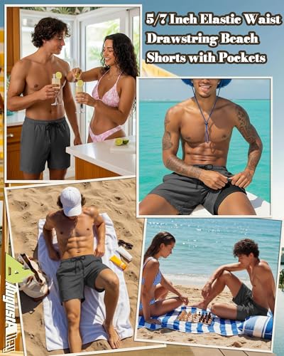 Image of August Alley Men's Linen Shorts with Liner Summer 5 Inch Casual Elastic Waist Drawstring 2 in 1 Beach Shorts with Pockets