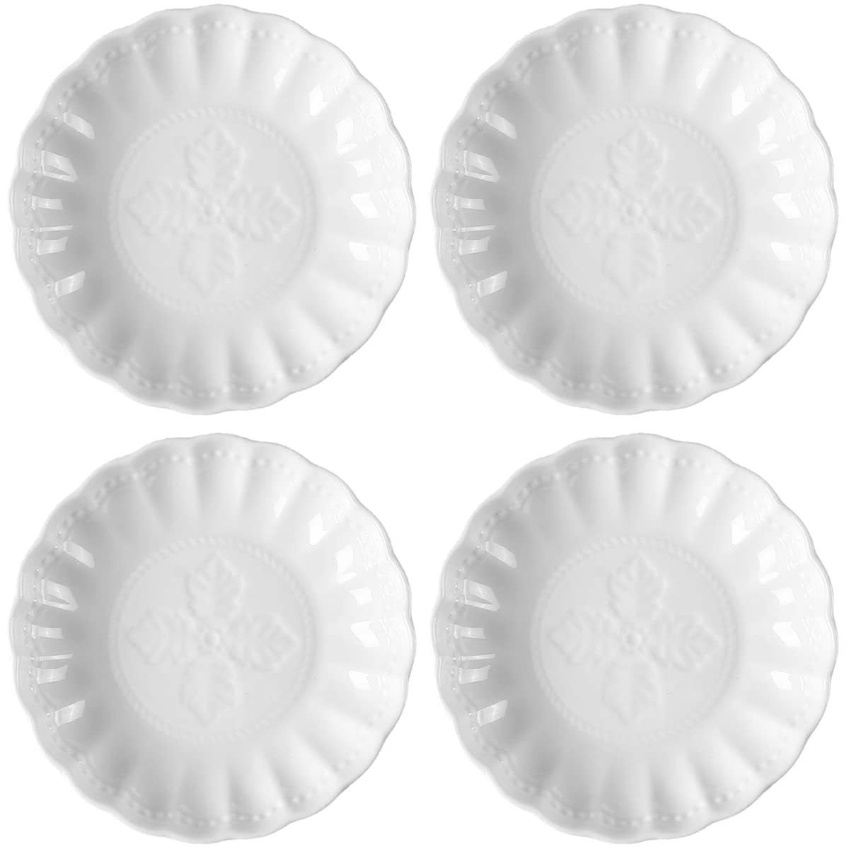 Sizikato 4pcs White Porcelain Appetizer Plate, 4-Inch Sauce Plate, Leaf Embossed