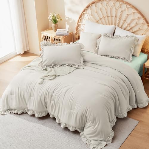 Image of Litanika Linen Grey Full Size Comforter Sets, 3 Pieces Ruffle Farmhouse Aesthetic Bedding Comforter Sets, All Season Soft Lightweight Fluffy Microfiber Bed Set(79x90In Comforter, 2 Pillowcases)