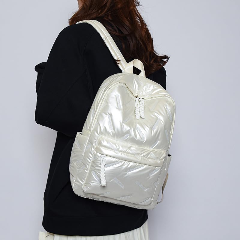 Cute Puffer Backpack for Women, Trendy Puffy Shoulder Bag Fashion Quilted Padding Laptop Bookbag Travel Y2k Backpack (White)2