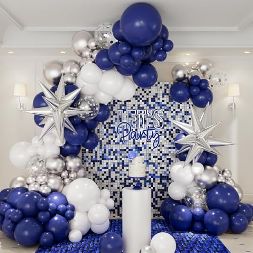 Kit de arco de grinalda de balões azul marinho e prateado, 146 balões de alumínio prateado metálico azul real com estrelas explosivas prateadas para decorações de graduação, aniversários, casamentos e