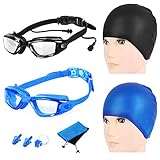 2 Packs Swim Goggles + Swim Caps + Nose Clip + Earplugs + Mesh Pouches, SiFree NO Hurt Nose NO Leaking Anti Fog UV Protection Swimming Glasses & Swim Gear for Women Men Kids Girls Boys