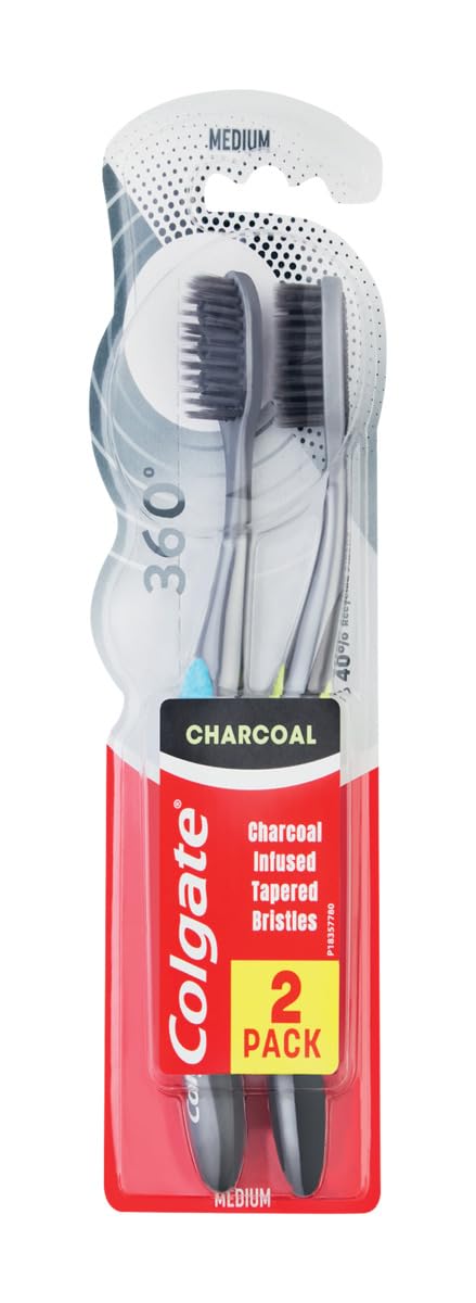 360° Black, Medium Toothbrush, 2 Pieces