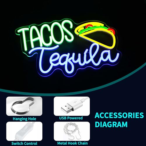 Image of Neon Sign, JGHTURIE Tacos Neon Signs for Wall Decor Food Led Signs Yellow Light Up Sign for Restaurant Kitchen Bar Party Coffee Home Decoration, USB Powered