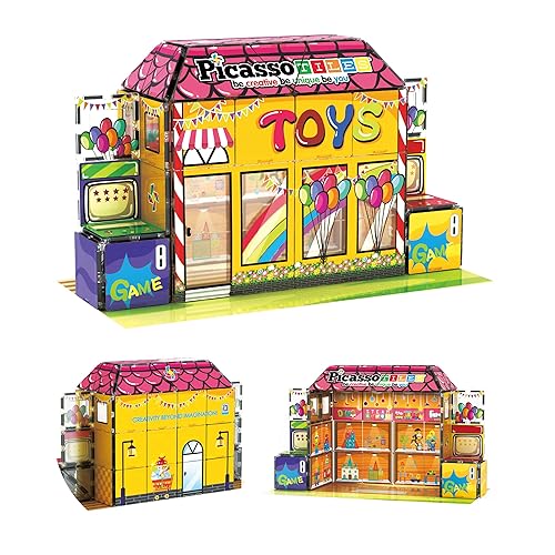 PicassoTiles 60pc Magnetic Building Block Magnet Tile Toy Shop Theme Pretend Play Construction Kit Reconfigurable Printed Structure Double-Sided Printing Education STEM Learning Playset Ages 3+ PTQ50