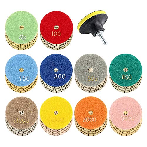Pasuihcay 11Pcs 3inch Wet Diamond Polishing Pads Set 50 to 3000 Grit Hook and Loop Backing Sanding for Concrete Marble