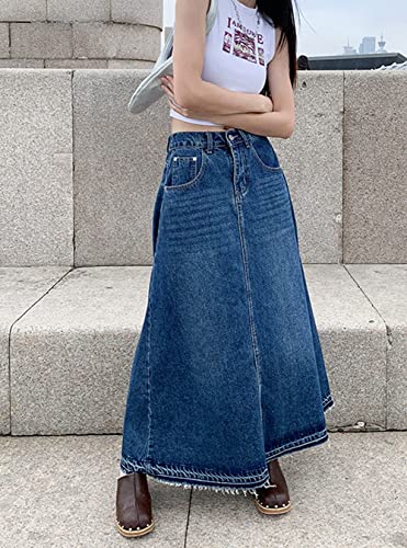 CHARTOU Women's Back Elastic High Waist A-Line Maxi Long Denim Jean Skirt2