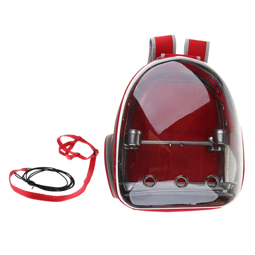 Transportador para pájaros y loros de viaje con cubierta transparente roja con correa de arnés y soporte
