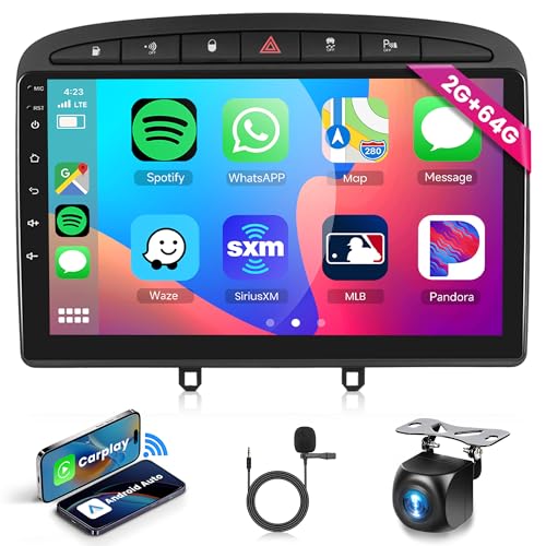 2G 64G Android 13 Radio para Peugeot 308 408 2007-2015 con Pantalla Táctil de 9 Pulgadas, Carplay, Android Auto, Navegación GPS, Mirror Link, Bluetooth, FM/RDS, WiFi y Cámara Trasera