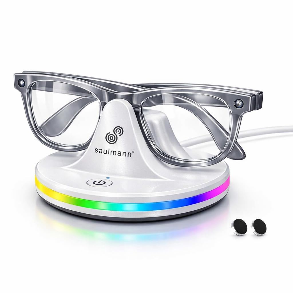 Saulmann Stazione di ricarica e cavo compatibile con Ray-Ban Meta Smart Glasses Gen 1 & 2 con indicatore LED USB-C. Incl. 2 x LED Blocker - SJ7 BIANCO