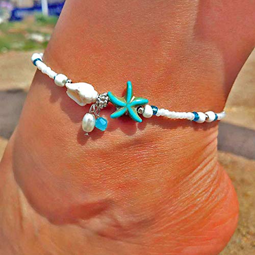 Image of Softones Blue Starfish Turtle Anklet Multilayer Charm Beads Sea Handmade Boho Anklet Foot Jewelry for Women