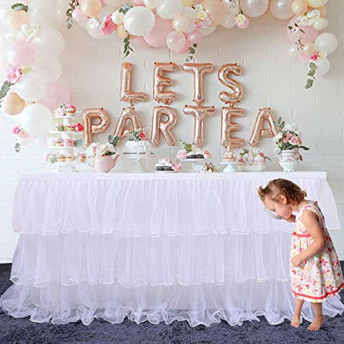 Leegleri White Tulle Tutu Table Skirt For Party,Baby Shower,Wedding Chiffon 3 Tier Ruffed Table Skirt For Rectangle Or Round Table thumb #1
