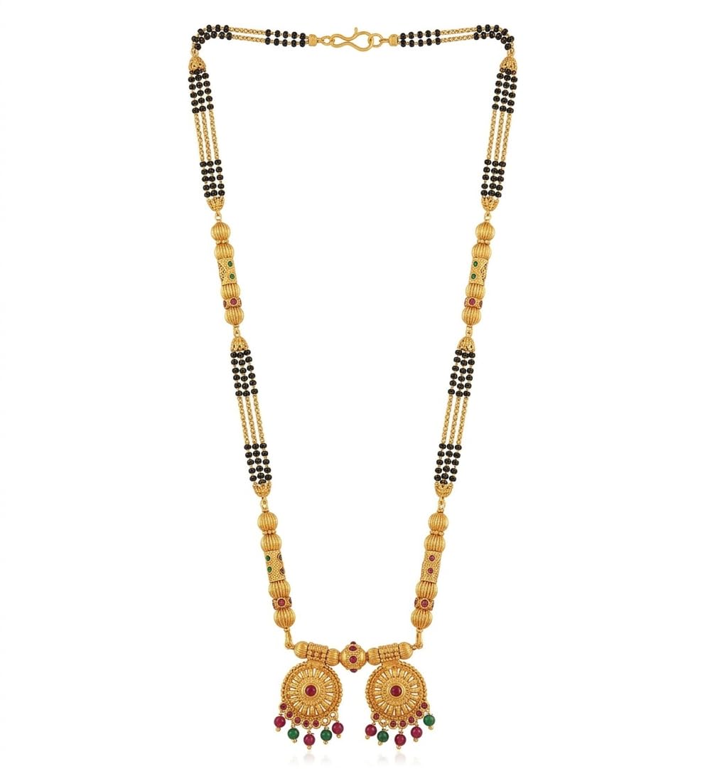 Maharashtrian Traditional Gold Plated 1 Gram Matt Finish Damaru Style 4 line 36 Inch Vati Pendant Long Mangalsutra for Women and Girl-image-40