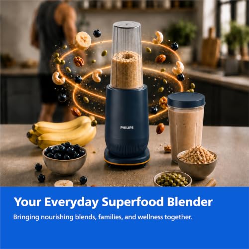 Image of Philips HR2613 /00 Mini Blender | 2 Blending Blades & 1 Frothing Blade | ProBlend Technology | 3 Unbreakable Food-Grade PC Jars | Blend & Carry | Smoothies, Protein Shakes, Cold Coffee & More (Blue)