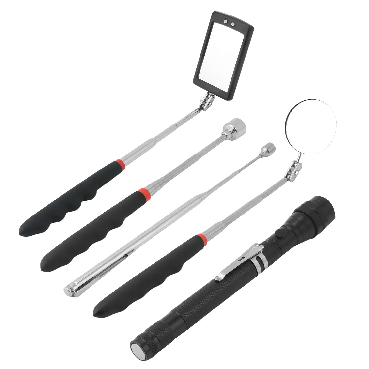 QWORK® Versenkbar Inspektionsspiegel Set, 5 Stück, quadratischer/runder Inspektionsspiegel, LED-Taschenlampe, 20 lb und 1.5 lb Aufnahmewerkzeuge,Batterien nicht inbegriffen