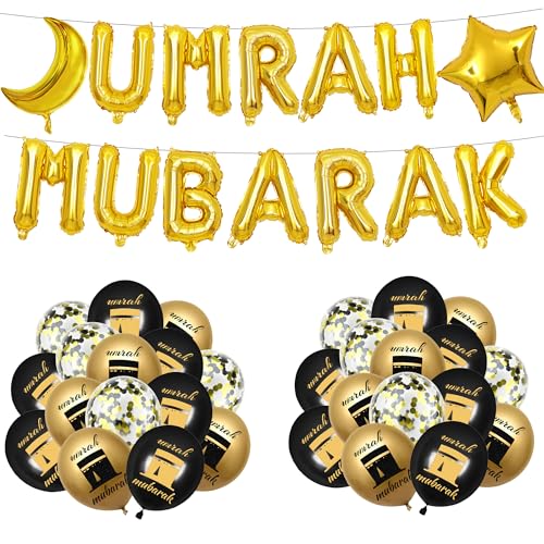 Umrah Mubarak Ramadán Decoration Set - 44 globos decorativos para ramadán negro y dorado, regalo para fiestas musulmanas, decoración de festivales islámicos Umrah Mubarak