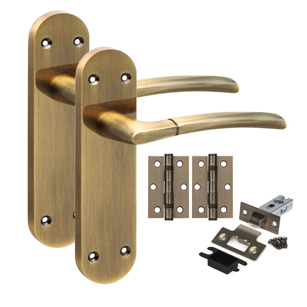 Golden Grace Antique Brass 1 Pair Victorian Long Plate Indiana Design Internal Door Handle Sets 182 X 45Mm With 2.5" Latch & Hinges