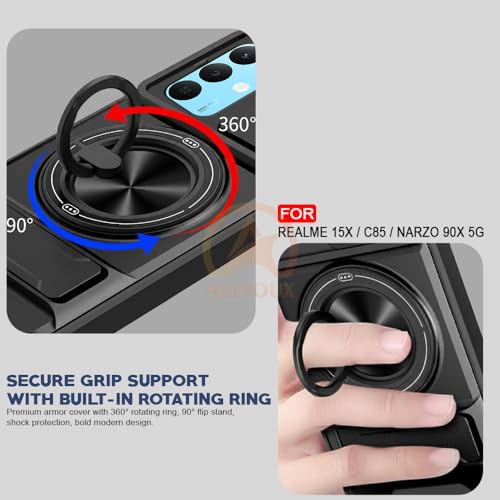 Image of Realme 15X / C85 / Narzo 90X 5G Back Cover | Armor Camera Slider 360 Degree Rotating Finger Ring Holder Case with Bracket Stand Back Case Cover (Compatible with MagSafe Accessories) (Black)