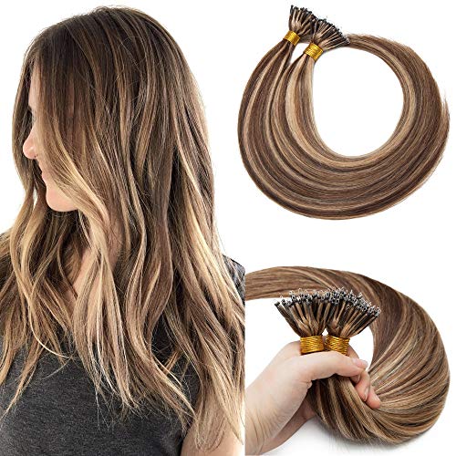 S-noilite 16inch Nano Bead Human Hair Extensions Full Head Nano Ring Real Hair Extensions Pre Bonded Cold Fusion Nano Tip Remy Human Hair Medium Brown Highlighted to Dark Blonde 50g #4/27