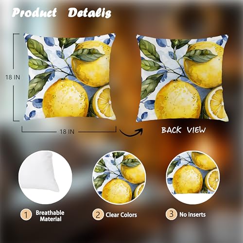 Image of Boho Summer Lemon Coastal Pillow Cover 18x18 Set of 4,Cottagecore Lemon Home Decor,Blue and Yellow Italian Botanical Fruit Decorative Lumber Throw Pillow Cover for Home Bedroom Living Room
