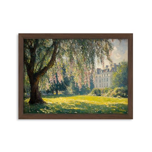 Framed Landscape Wall Art Print – Vintage Impressionist Style Canvas with Tree, Flowers, and French Building – Decorative Artwork for Living Room, Bedroom, or Home Office Decor, 16x12 Inch