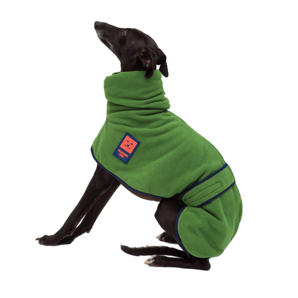 Ginger Ted Warm Fleece Greyhound Whippet Lurcher Dog Jumper size 22"/56cm Green - for sighthounds & narrow build dogs, windproof polarfleece, long neck sweater coat style