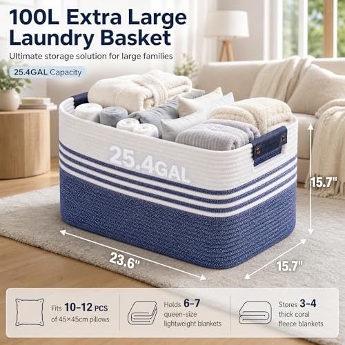 Image of Cotton Rope Laundry Basket Extra Large, 25.4GAL Collapsible Woven Storage Baskets for Living Room Kids Toys Stuffed Animal,Boho Rectangular Decorative Hamper for Dirty Clothes, Blankets Denim Blue