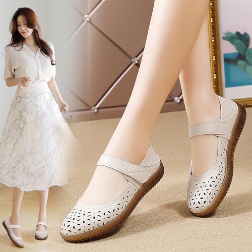 Women's Leather Vintage Hollow Flat Mary Jane Shoes Ankle Strap Closed Round Toe Breathable Mother Nurse work Shoes Comfortable Casual Walking Shoes2