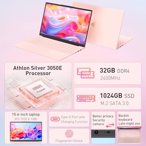 Image of Auusda 15.6 inch FHD Laptop, 32GB RAM + 1TB SSD, WiFi 5 / USB 3.0 / Full USB-C /HDMI, Dual Core 4T Processor, Win 11 Pro, IPS Thin and Light Computer Notebook for Work, Study and Entertainment, Pink