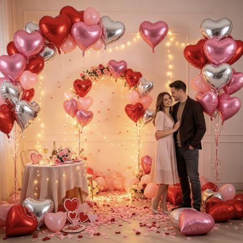 Image of 36 Pcs Red Pink Silver Heart Balloons,18 Inch Heart Foil Balloons Valentine Balloon for Wedding Engagement Party Valentine Day Decorations